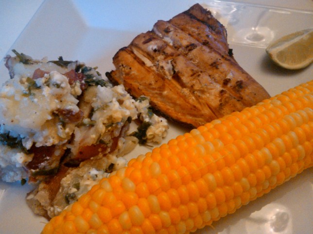 Salmon, Red Skinned Potatoes with Feta and Parsley, Corn on the Cob