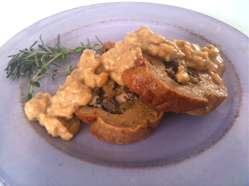 Seitan Roast Stuffed with Shiitakes and Leek with Chickpea Gravy