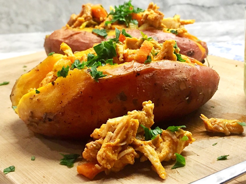 BUFFALO CHICKEN STUFFED SWEET POTATOES