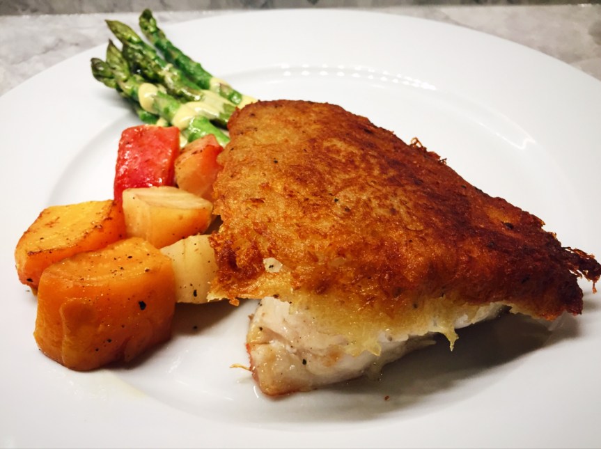 Potato Crusted Rock Hind Grouper with Roasted Beets