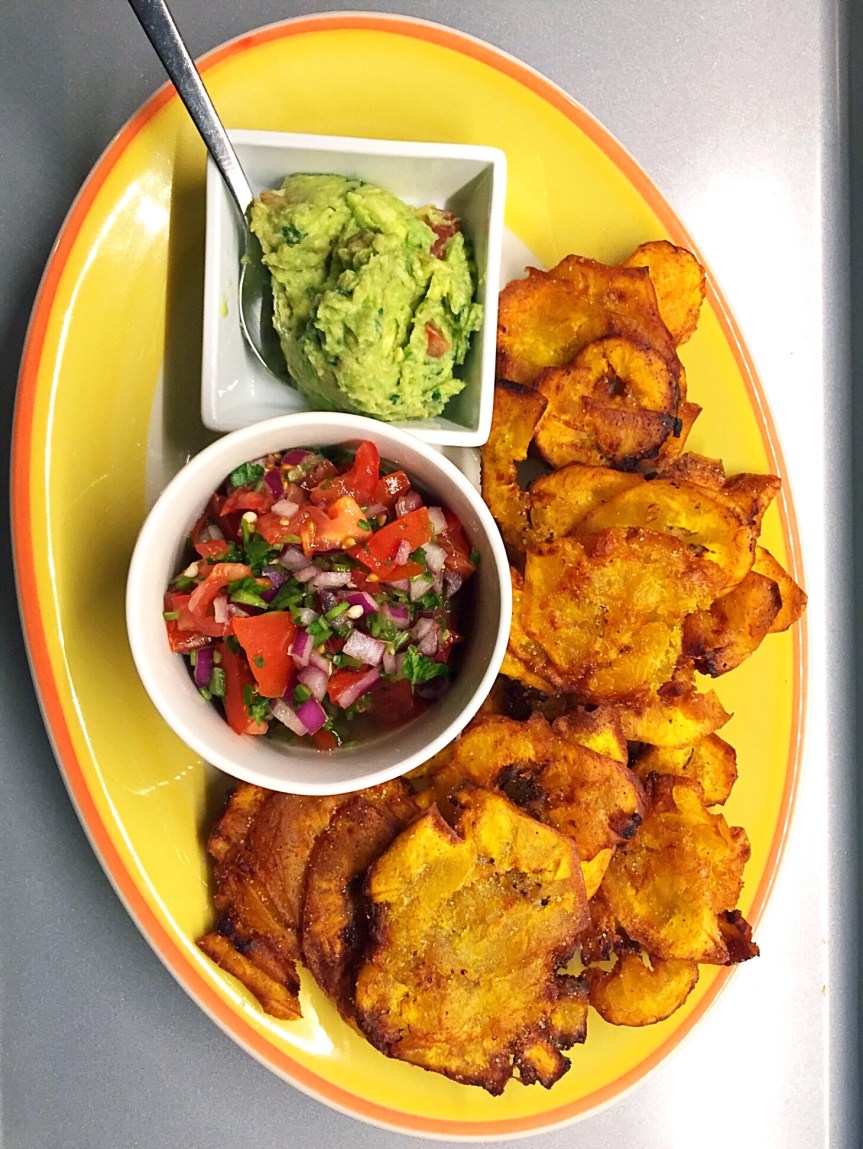 Tostones, Salsa Fresca and Guacamole